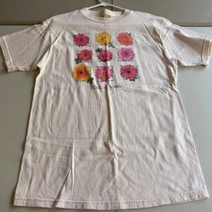 Vintage North West Blue Flower Graphic T-Shirt Cream‎ Large Block of Friends 90s